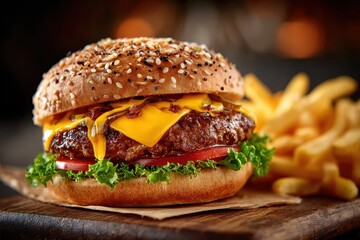 Delicious cheeseburger served with crispy french fries on a rustic wooden table in a cozy dining environment
