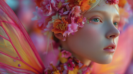 Naklejka premium Enchanting fairy in a vibrant forest adorned with colorful blossoms and magic