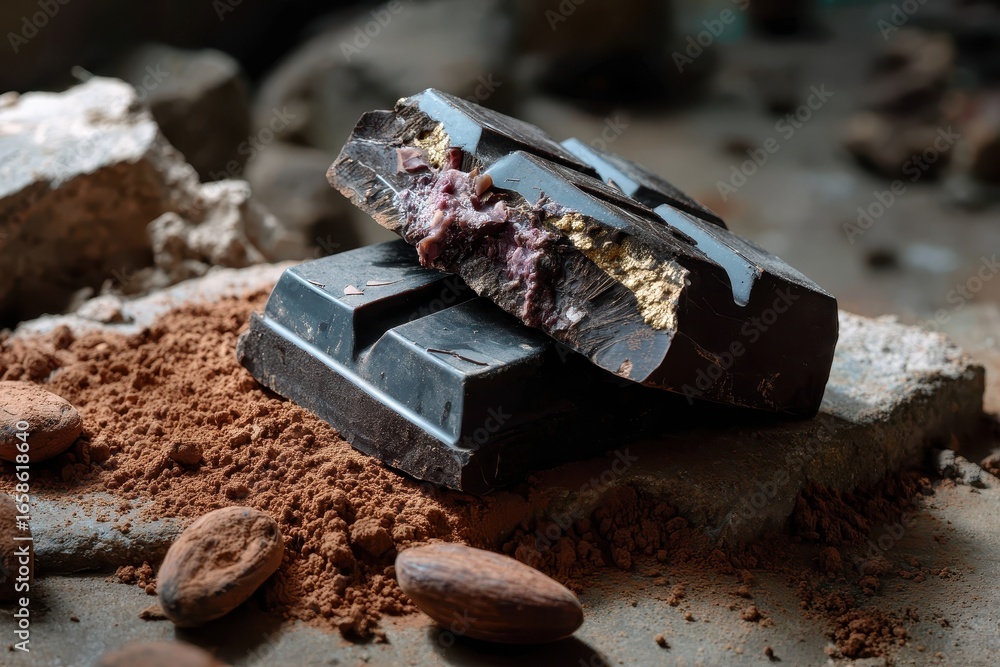 Poster broken dark chocolate bar with cocoa powder and almonds on a rustic surface creates an artistic disp