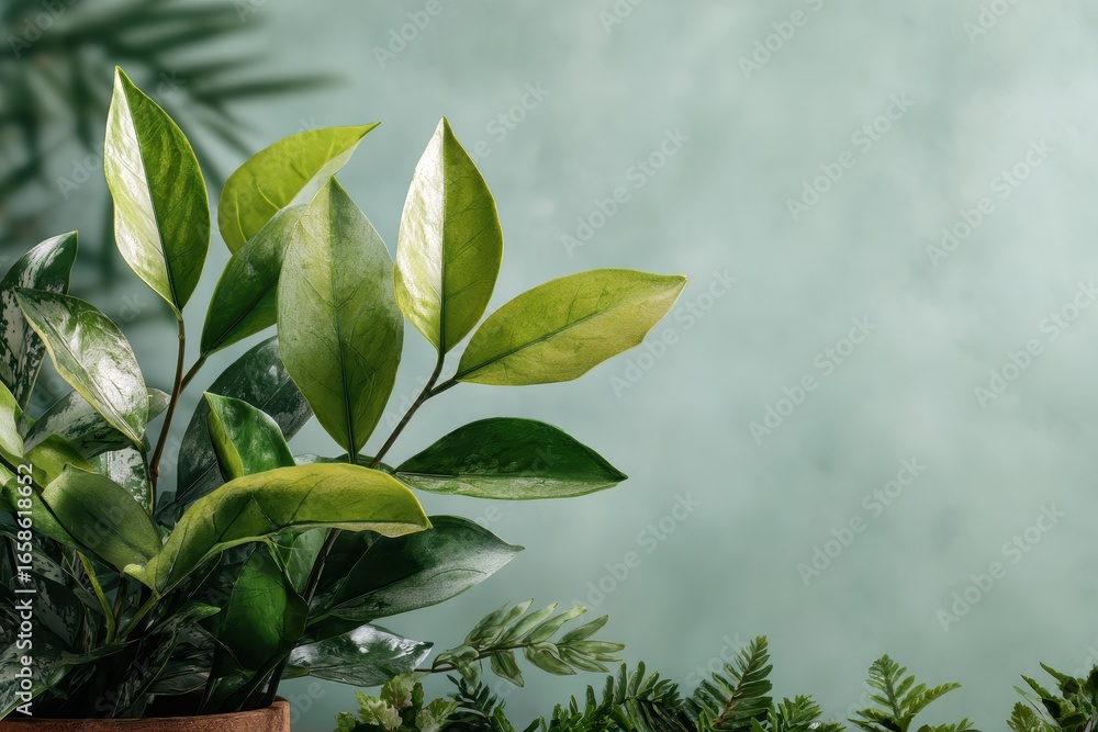 Poster vibrant greenery with lush leaves and soft background creating a serene atmosphere in a natural sett