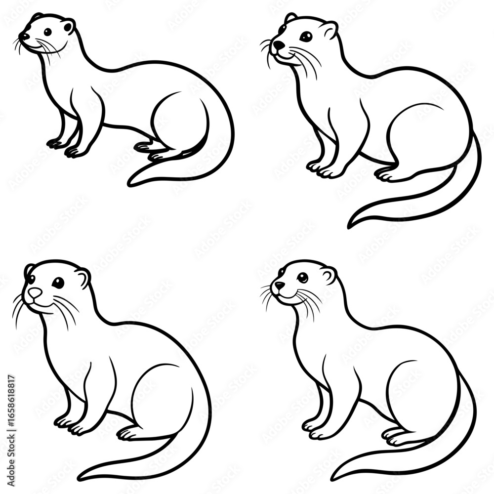 Poster four outlined otters in various poses displayed on a white background in a symmetrical arrangement