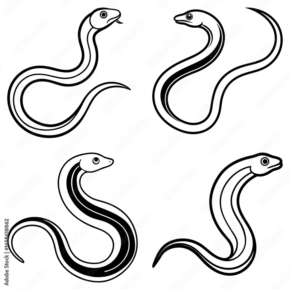 Poster illustration of four stylized snakes with varying patterns and poses on a white background surface v