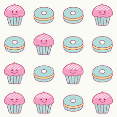 Cute Cartoon Cupcakes and Donuts Seamless Pattern
