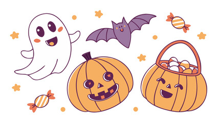 cute halloween vector set with pumpkins ghosts bat and candy