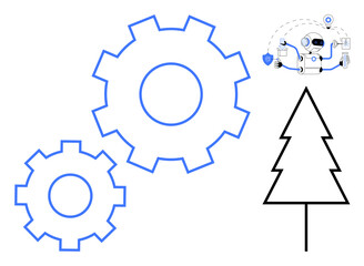 Large gears, a robotic figure performing tasks, and a minimalistic tree outline depict the balance between technology, automation, nature, and sustainability. Ideal for concepts of innovation, AI