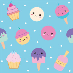 Seamless Pattern of Cute Kawaii Cupcakes and Ice Cream Cones