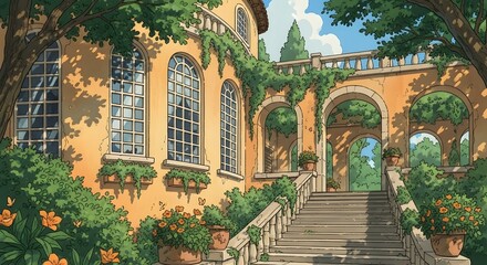 Fototapeta premium Anime Style Mediterranean Villa with Grand Staircase and Lush Garden