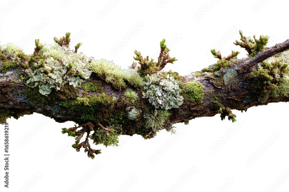 Poster branch of a tree adorned with vibrant lichen and moss in a natural setting, showcasing the delicate 