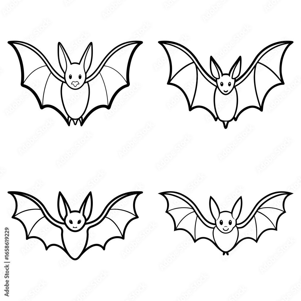 Aufkleber four outlined bats with wings spread in a square pattern, suitable for coloring or simple design ele