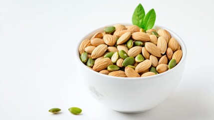 Bowl filled with almonds and pumpkin seeds, showcasing healthy snack option. vibrant green seeds contrast beautifully with light brown almonds