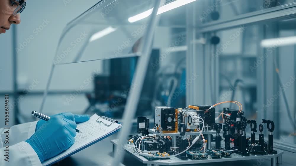 Poster lab technician documenting quantum keydistribution satellite payload calibration steps under a trans