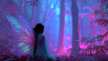 Magic fairy resting in a colorful forest at twilight
