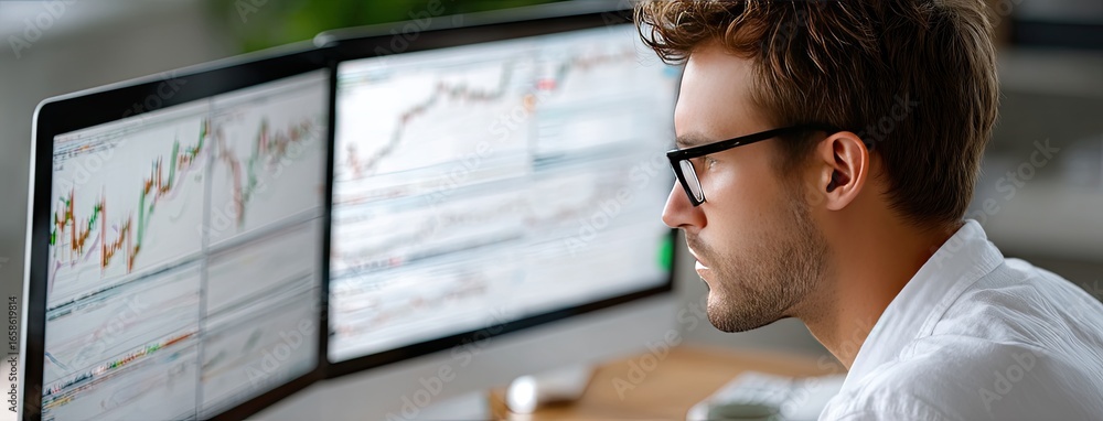 Poster focused trader analyzing market trends on multiple screens in a modern workspace during daylight hou