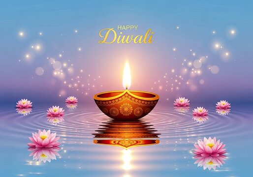 Photo of a glowing diya lamp with the text happy diwali on a blue background, surrounded by lotus flowers floating on water for the festival of lights