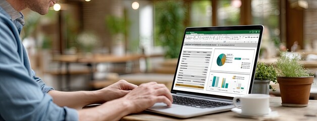 Business professional analyzing data trends on a laptop in a modern office during daytime