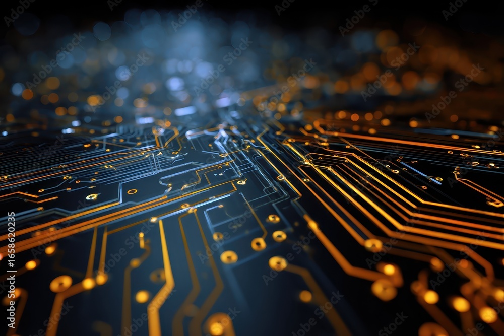Poster abstract circuit design showcasing intricate pathways in cyberspace with glowing elements creating a
