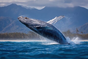 Fototapeta premium Humpback whale breaches above the ocean surface in Australia showcasing its majestic size and power