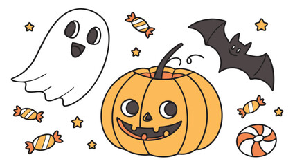 halloween pumpkin with bats, ghost, bat, candy and star