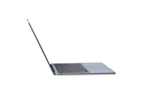 Laptop with customizable blank screen, isolated on transparent PNG. Perfect for themes in technology, business, finance, and advertising.