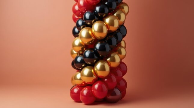 Multi-colored balloon tower with perfectly aligned spiral pattern for party decoration


