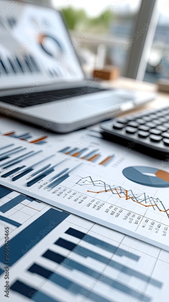 Aufkleber data analysis in progress with charts, graphs, and calculator on a desk during a business meeting in