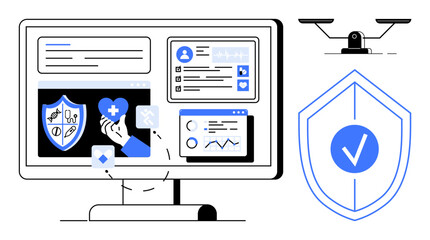 Computer screen with health data, shield icons, analytics, and surveillance camera balancing scale. Ideal for cybersecurity, healthcare, data analysis, telemedicine, insurance technology balancing