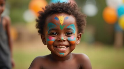 Joyful child with bright face painting enjoying festive birthday party atmosphere