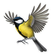Fototapeta premium Great Tit Small Wild Bird in Flight On Isolated Transparent Background