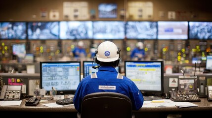 Mining control room employee analyzing safety alerts on a console medium shot centered on alert notification with surrounding operators and screens softly blurred.
