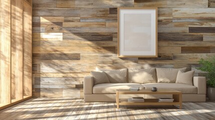 Modern Beige Sofa in Cozy Living Room with Wooden Wall and Natural Light