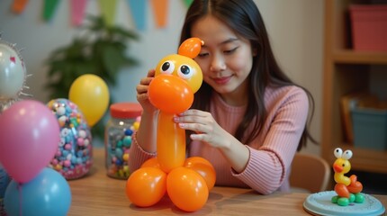 Skilled entertainer demonstrating balloon twisting techniques while making colorful animal sculptures

