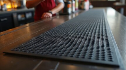 Textured rubber work surface mat designed to keep liquids contained while mixing cocktails

