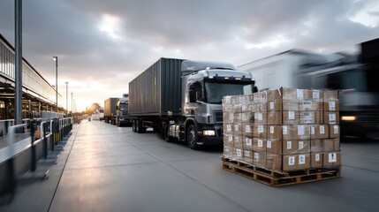 Cargo trucks transport freight through a busy shipping yard at dusk, showcasing efficient logistics in action