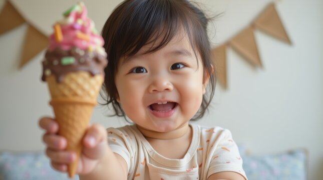 Adorable child with messy face enjoying delicious ice cream treat at birthday party

