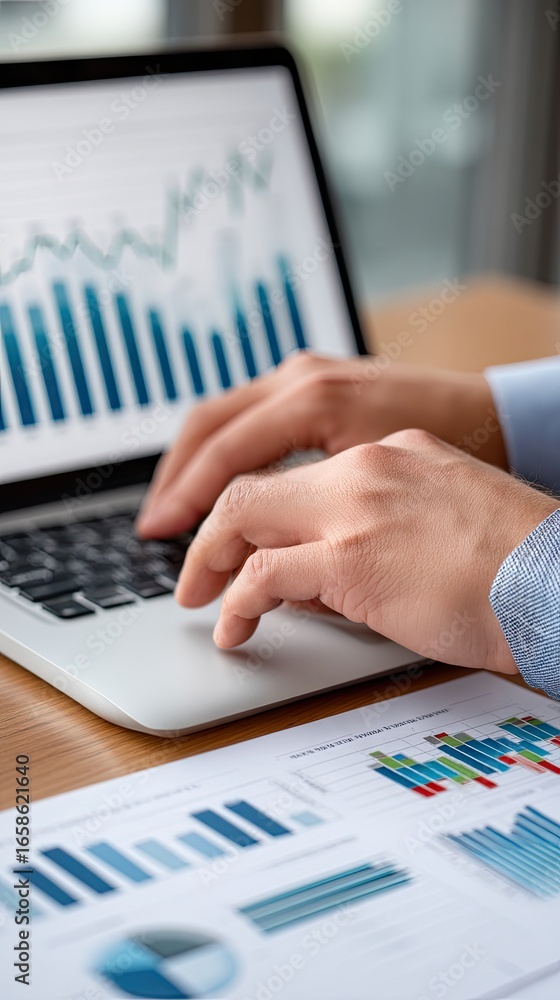Poster business professional analyzes charts and data on a laptop while preparing reports in a modern offic