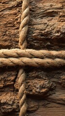 Natural textures of wood and rope in close view