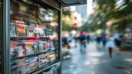 Focused medium shot of an eInkenabled newsstand showcasing rotating headlines on its electronic paper display contrasted against an outoffocus city park and passersby.