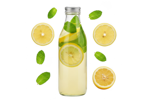 Refreshing lemonade in a glass bottle with mint and lemon slices isolated on transparent background