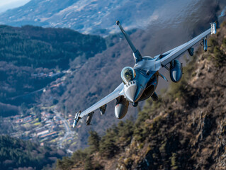 F-16 Fighting Falcon Military Jet is Flying Over Mountains At Day