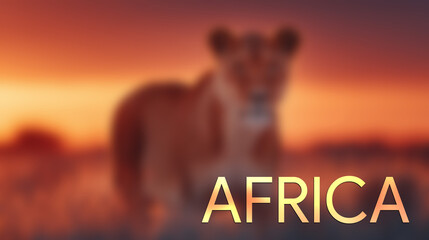 Vibrant African wildlife at sunset showcasing a lion in a blurred background of warm hues and a prominent Africa sign © RafaelDavid