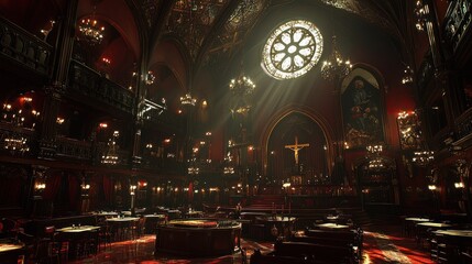 Obraz premium Gothic Cathedral Interior: Sunbeams Illuminate Ancient Hall