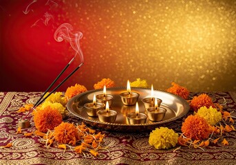 Photo of a vibrant diwali scene with diya candles, marigold flowers, and incense sticks arranged on a golden plate, creating a festive atmosphere