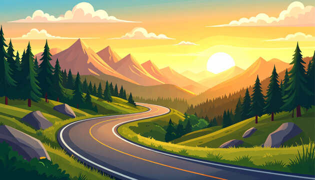 Winding road with sunset in the distance. Scenic highway through beautiful valley. Vibrant hills and winding road at sunset. Breathtaking mountain views along road. Winding path through lush mountains