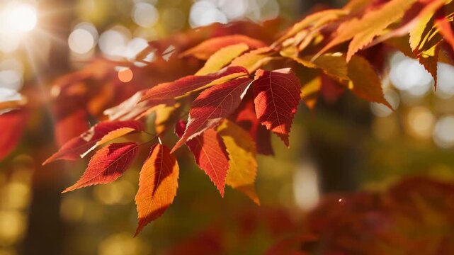 Cinematic close-up of autumn red orange leaves with sunlight and golden bokeh