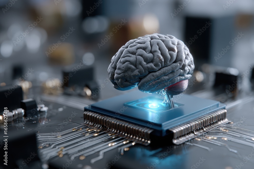 Poster microchip featuring artificial intelligence brain representation enhancing automation technology in 