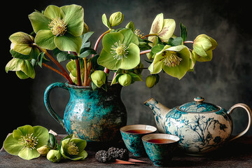 Théière et tasses a thé sur table en bois avec vase et bouquet de fleurs