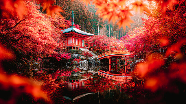 Maison au bord du lac, pagode en automne au bord de l'eau