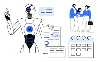 Robot highlights analytics on paper, professionals discuss workflow, calendar illustrates time management. Ideal for AI, teamwork, data analysis, planning, workflow creativity innovation. Simple