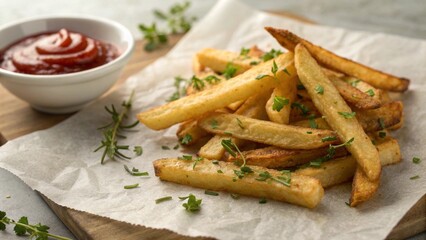 Crispy Golden Fries with Fresh Herbs
Gourmet Restaurant-Style French Fries
Delicious Snack of Fried Potatoes and Ketchup
Appetizing Side Dish on Parchment Paper