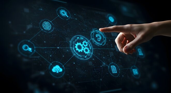 Finger touching digital interface with icons of automation process